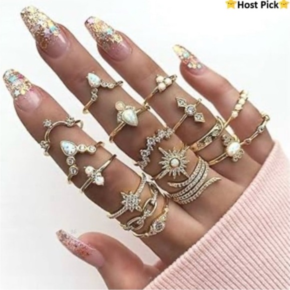 Private Label Jewelry - 17 Pc Boho Ethnic Gypsy Opal, Crystal, Gold Tone Rings in Various Sizes - NWT